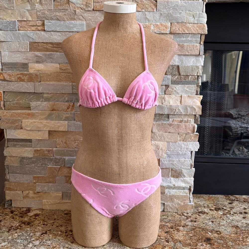 Chanel Vintage 1996 Pink Velour CC Logo Bikini Bathing Suit Luxury Size 36 US 4